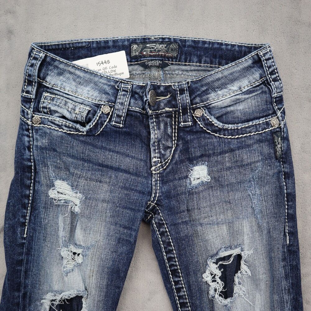 Silver Jeans Co Pants Womens 24 Blue Denim Camden Rose Distressed Pockets Jeans - Picture 10 of 16